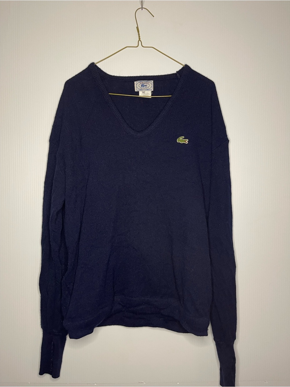Lacoste Men's Dark Navy V-Neck Sweater with Green Crocodile Logo